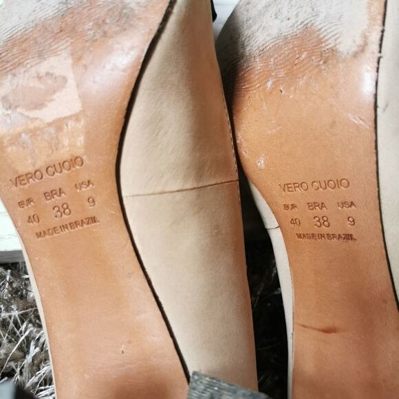 US 9 heel peep toe suede cream black - Picture 12 of 16